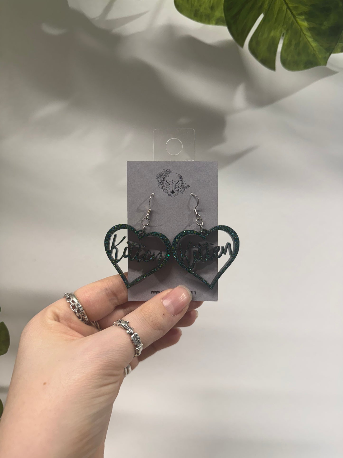 Green Kitten Hearts Resin Earrings
