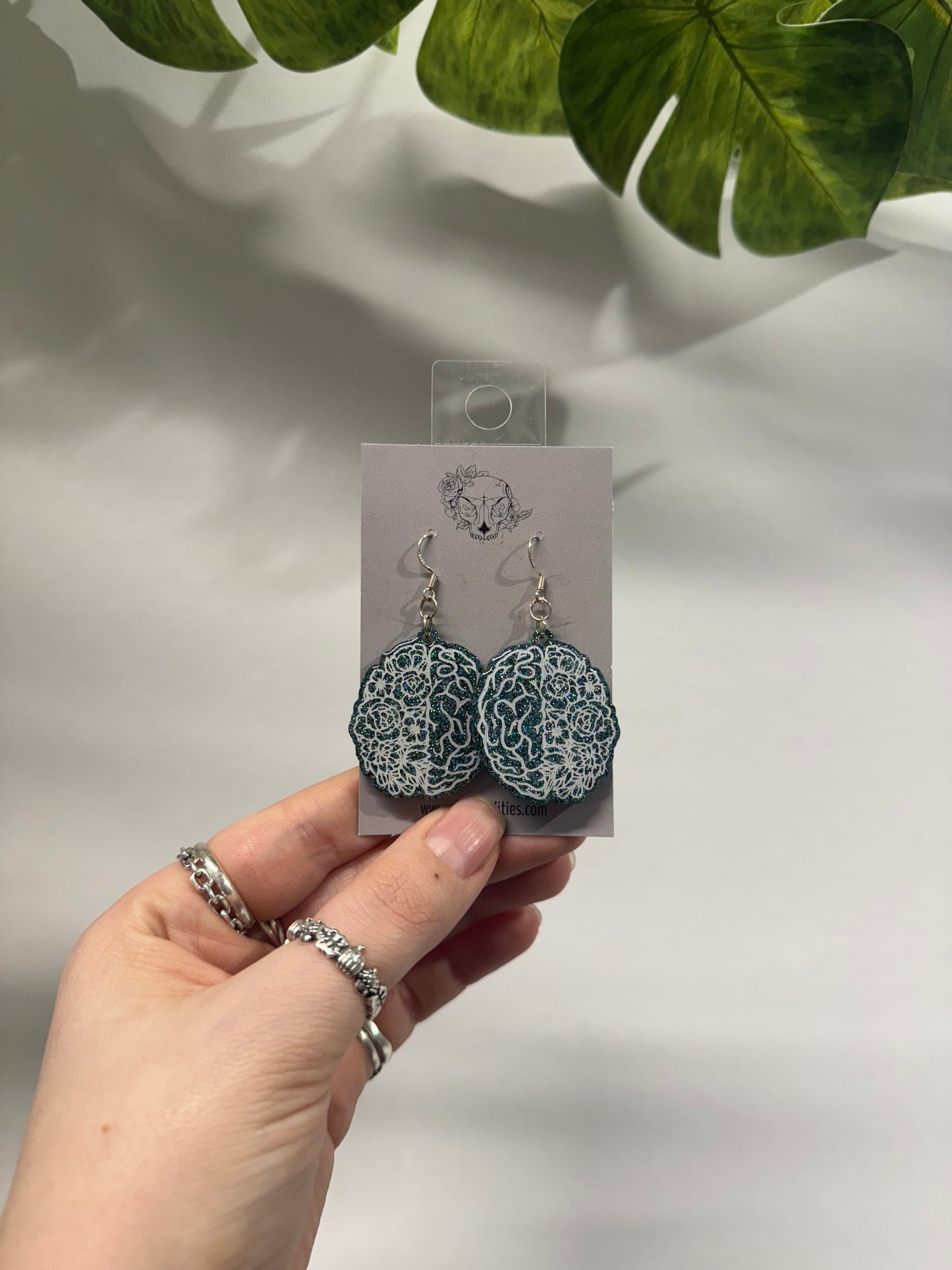 Teal Floral Brains Resin Earrings