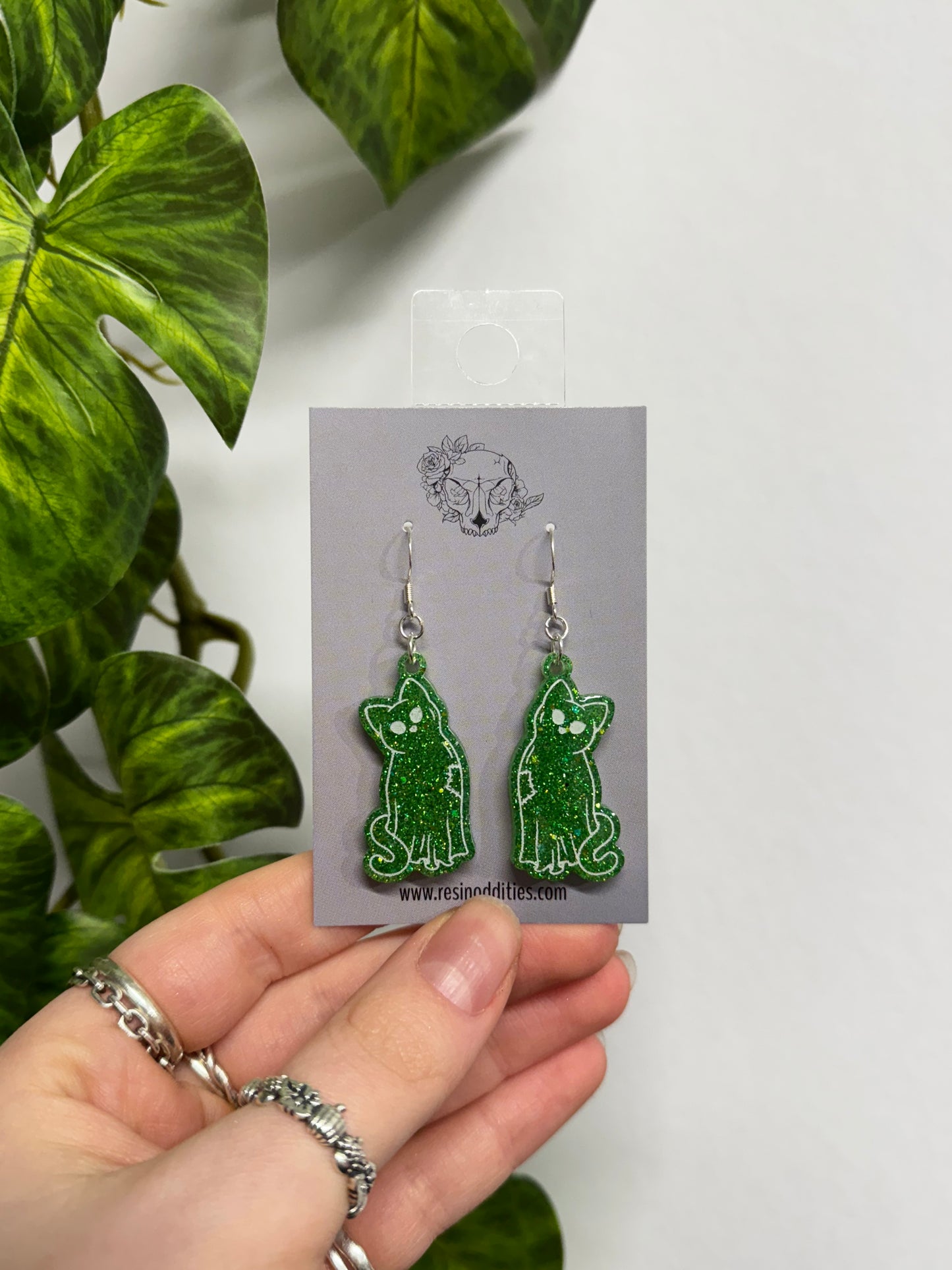 Green Glitter Ghost Cat Resin Earrings