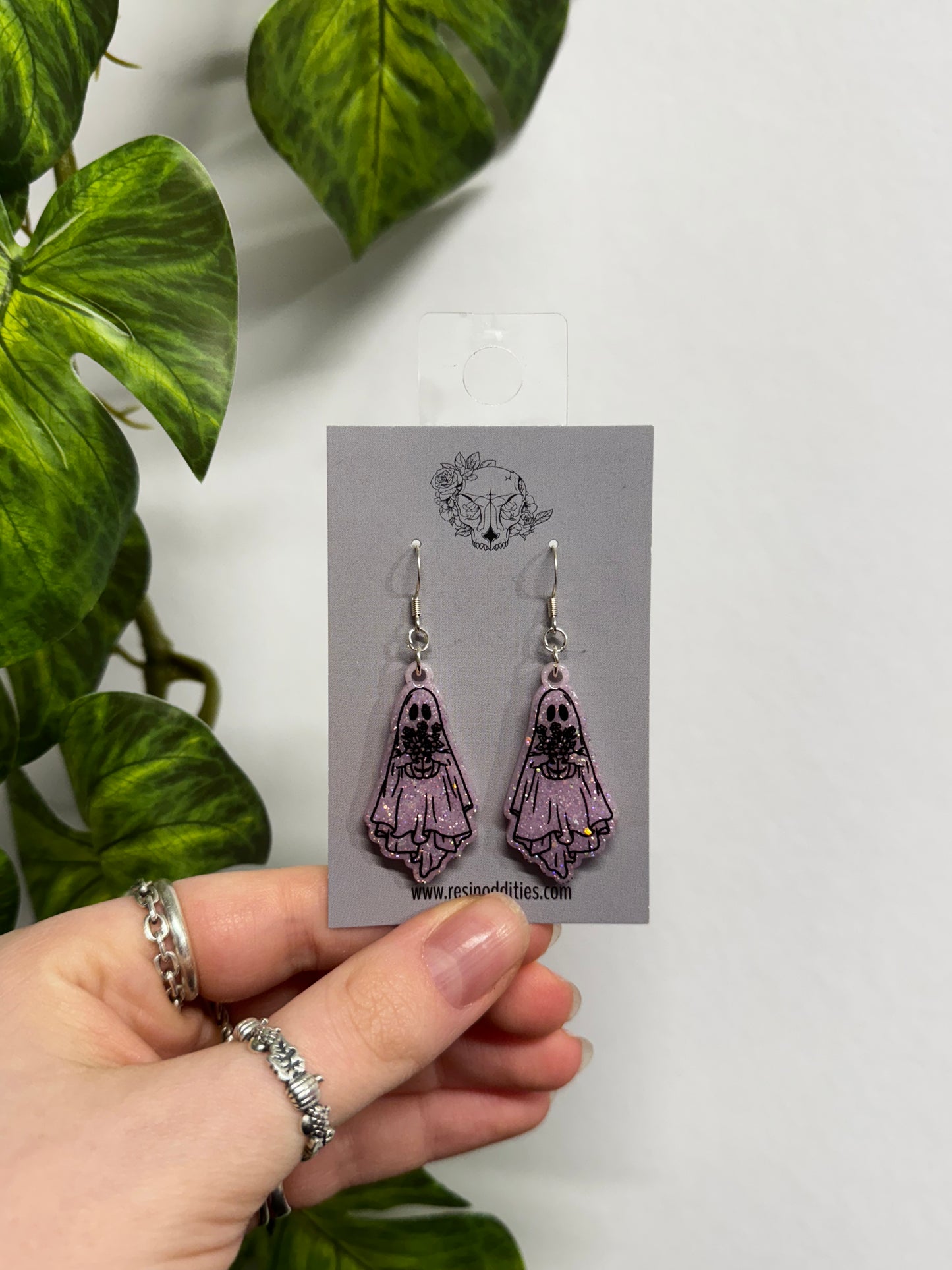 Pink Glitter Floral Ghost Resin Earrings
