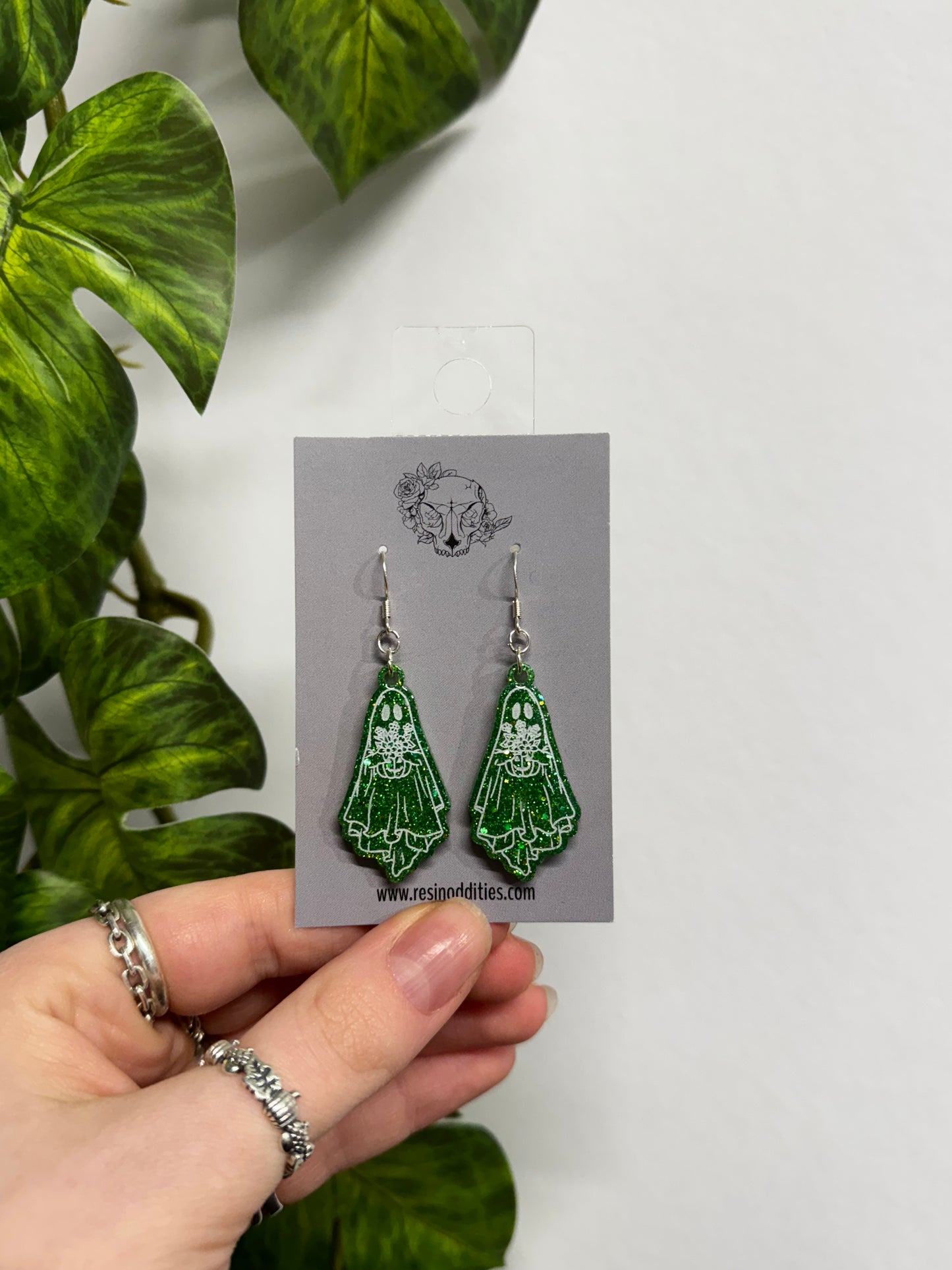 Green Glitter Floral Ghost Resin Earrings