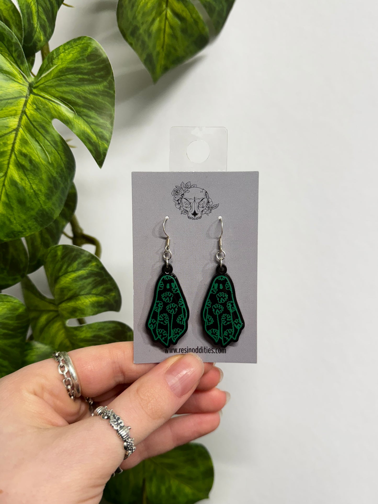 Black and Green Monstera Ghost Resin Earrings