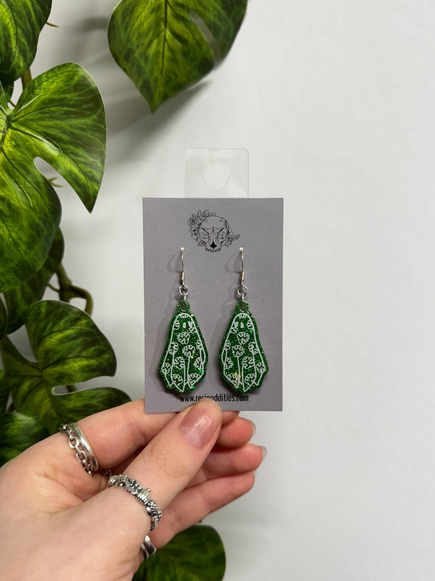 Green Glitter Monstera Ghost Resin Earrings