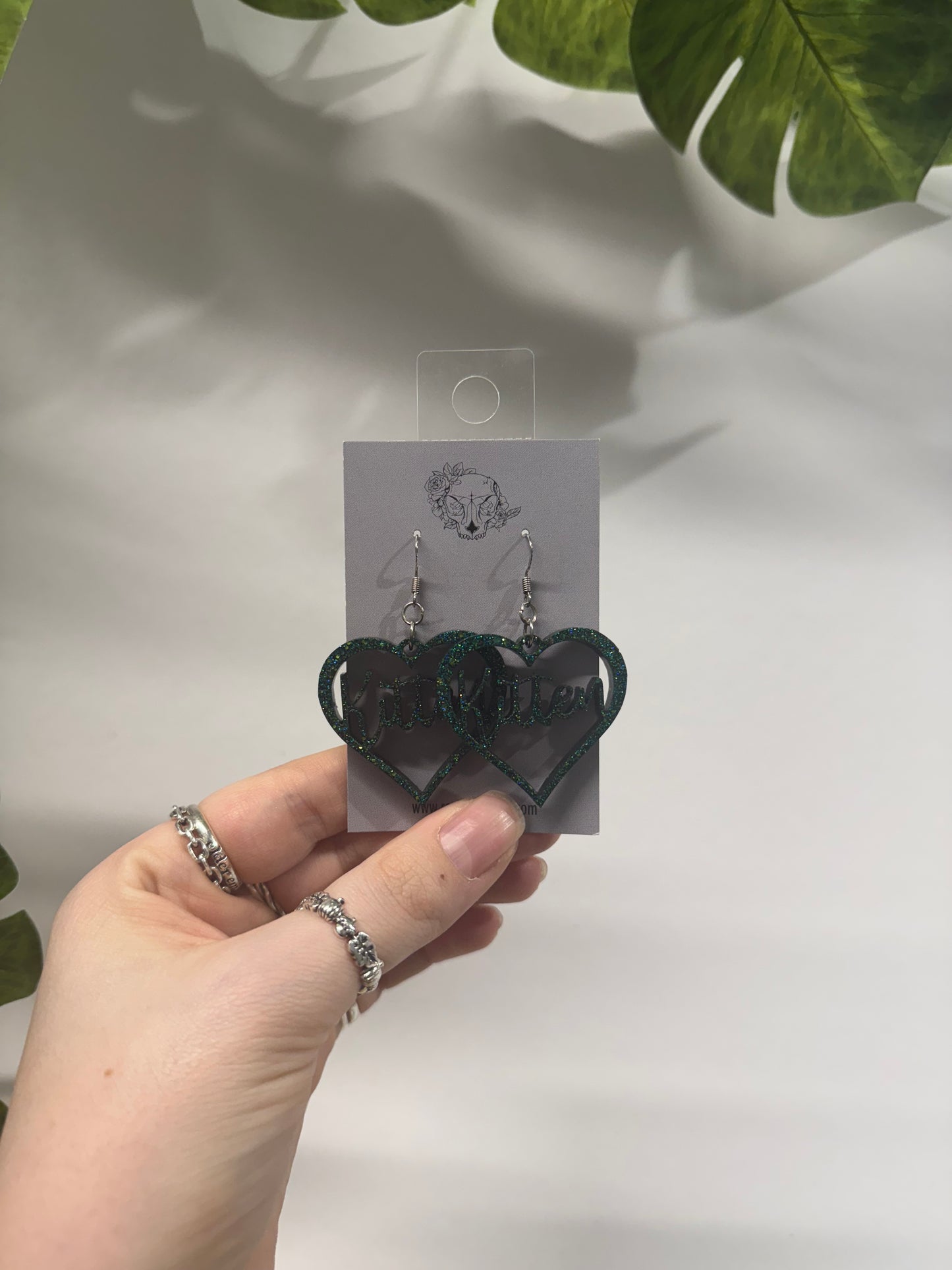 Green Kitten Hearts Resin Earrings