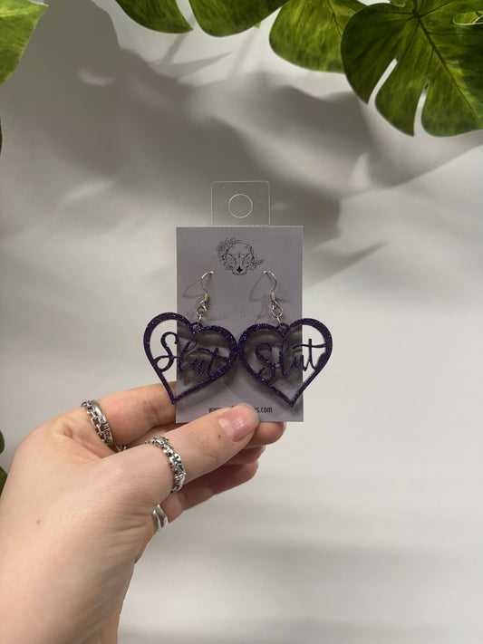 Purple Slut Hearts Resin Earrings