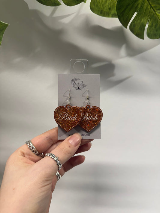 Orange Bitch Heart Resin Earrings