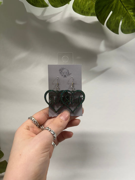 Green Slut Hearts Resin Earrings