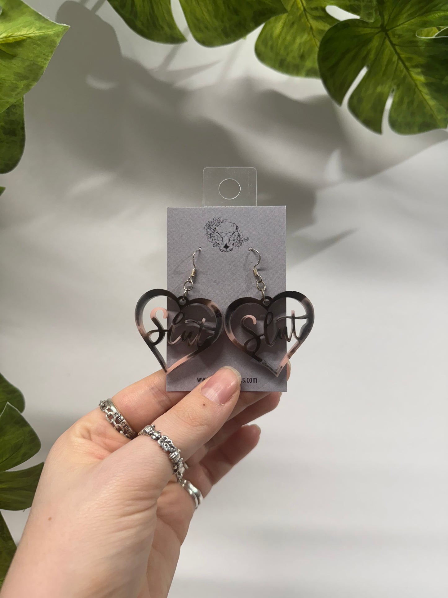 Black and Pink Slut Hearts Resin Earrings