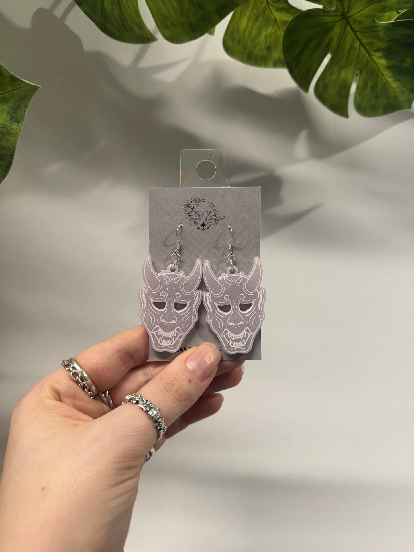 Lilac Oni Mask Resin Earrings