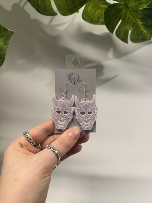 Lilac Oni Mask Resin Earrings