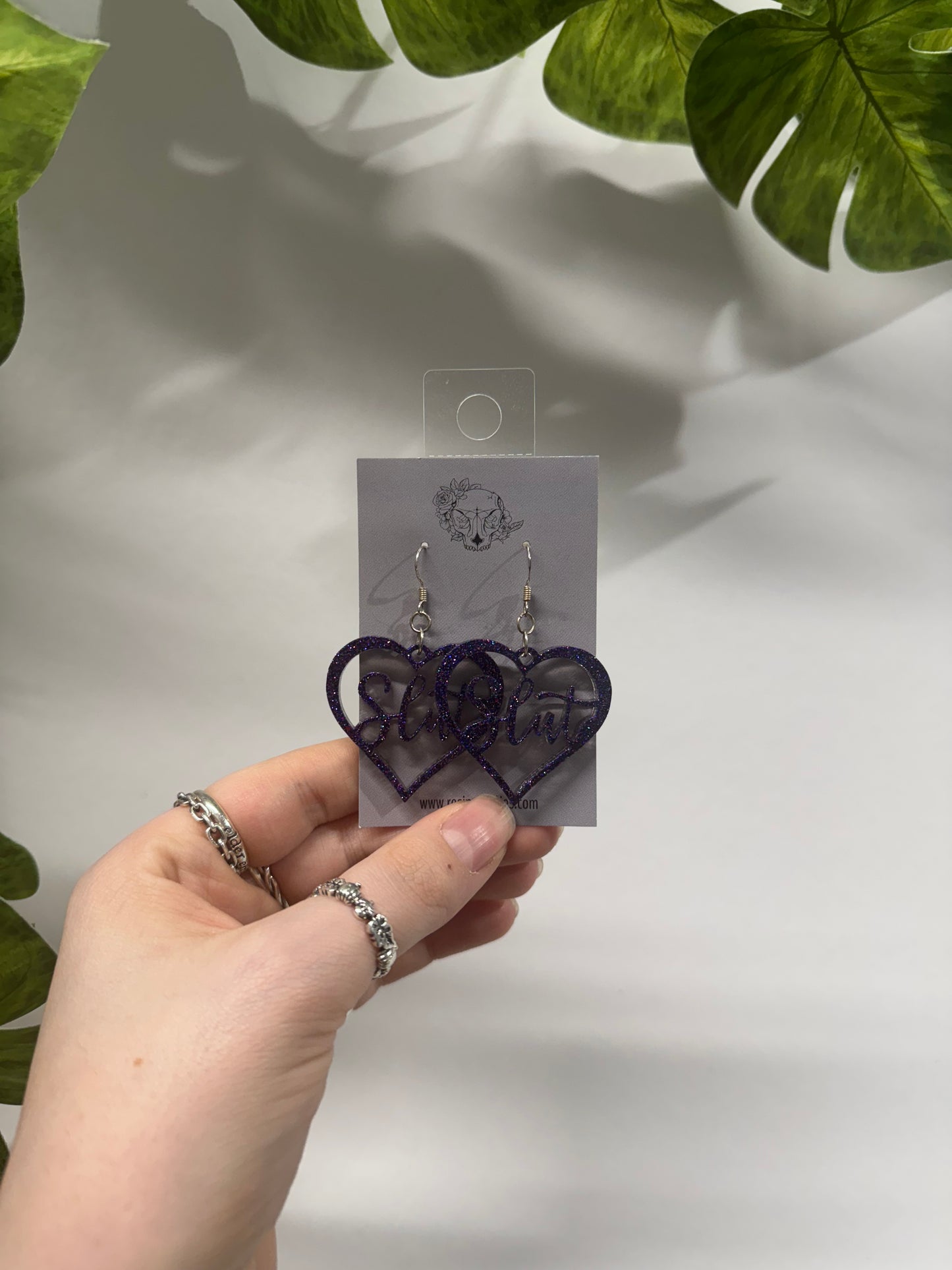 Purple Slut Hearts Resin Earrings