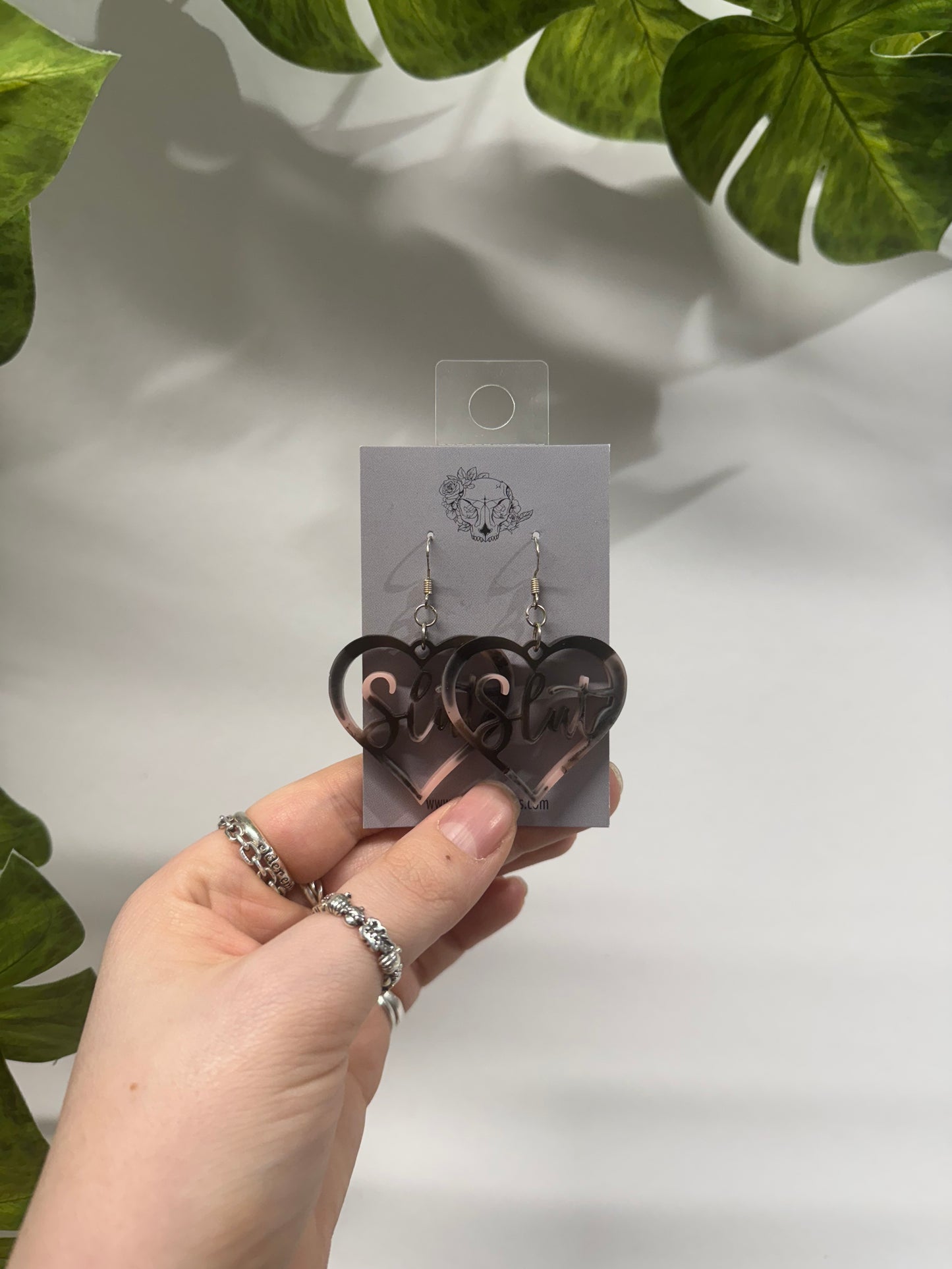 Black and Pink Slut Hearts Resin Earrings