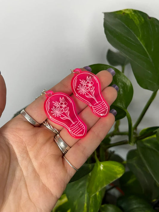 Neon Pink Floral Lightbulb Resin Earrings on 925 Sterling Silver Hooks