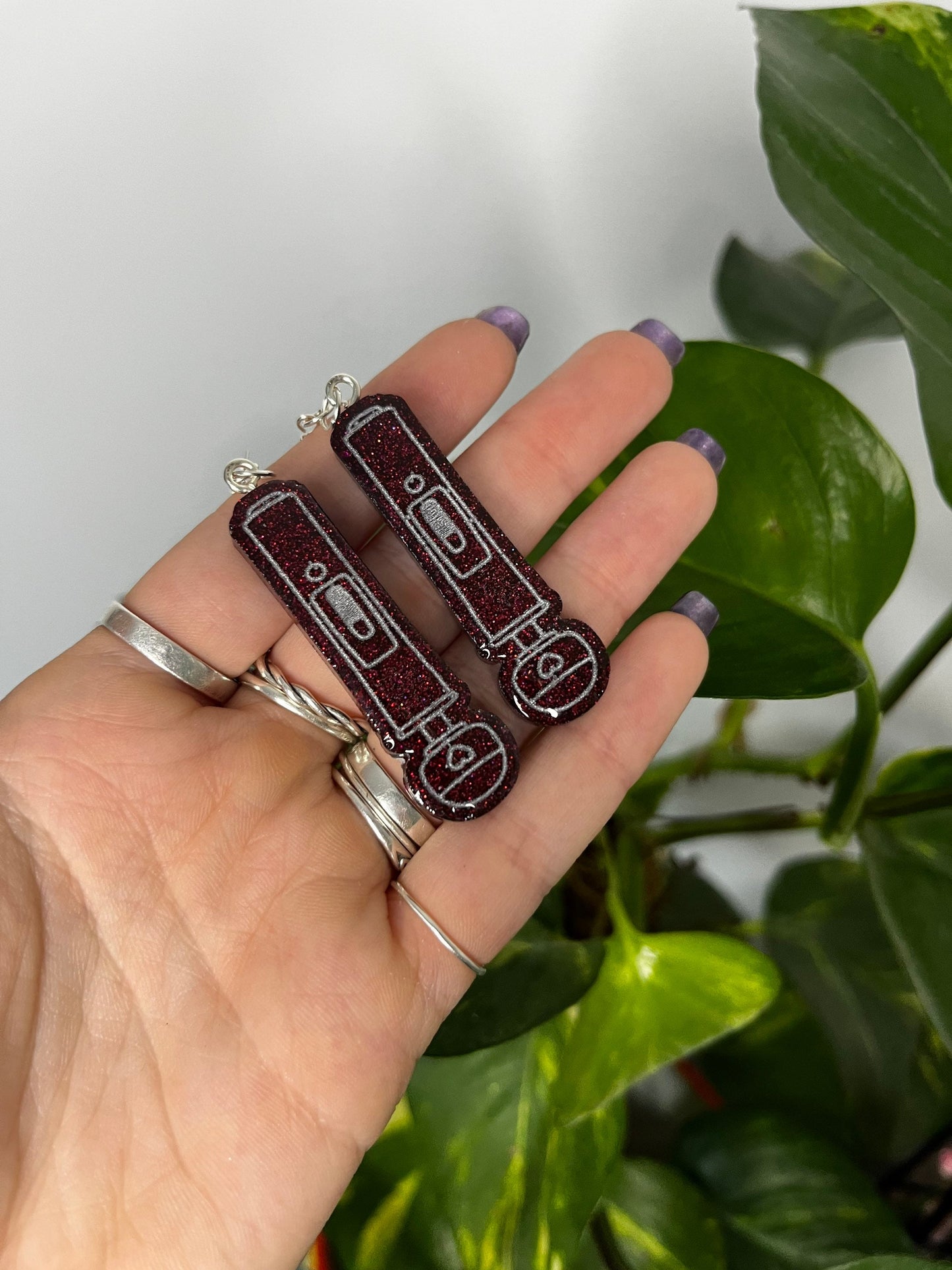 Red and Silver Vibrator Resin Earrings on 925 Sterling Silver Hooks