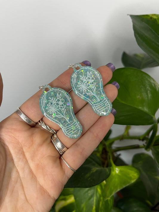 Blue Floral Lightbulb Resin Earrings on 925 Sterling Silver Hooks