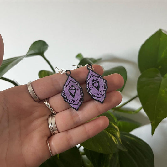 Black and Purple Celestial Vulva Earrings on 925 Sterling Silver Hooks