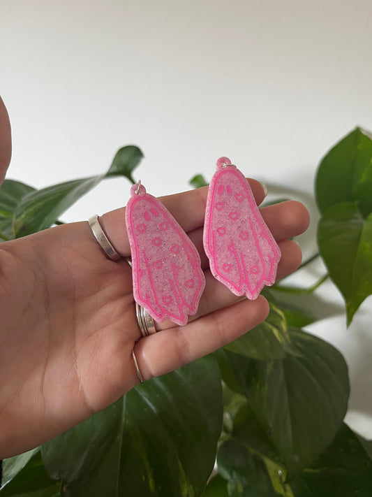 Pink Heart Ghost Resin Earrings on 925 Sterling Silver Hooks