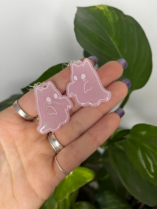 Pink Holo Ghost Cat Resin Earrings on 925 Sterling Silver Hooks