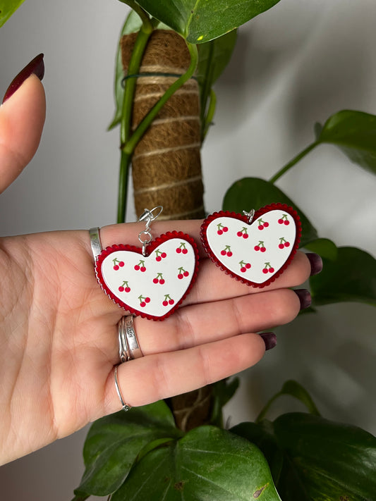 Cherry Heart Acrylic Earrings