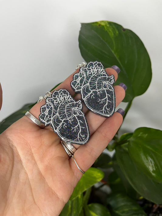 Black Holo Floral Anatomical Heart Earrings on 925 Sterling Silver Hooks